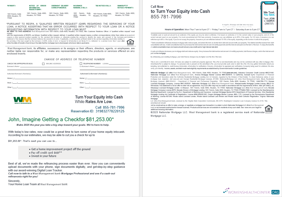 USA Waste Management bank mortgage loan statement in Word and PDF formats , 4 pages 3 4